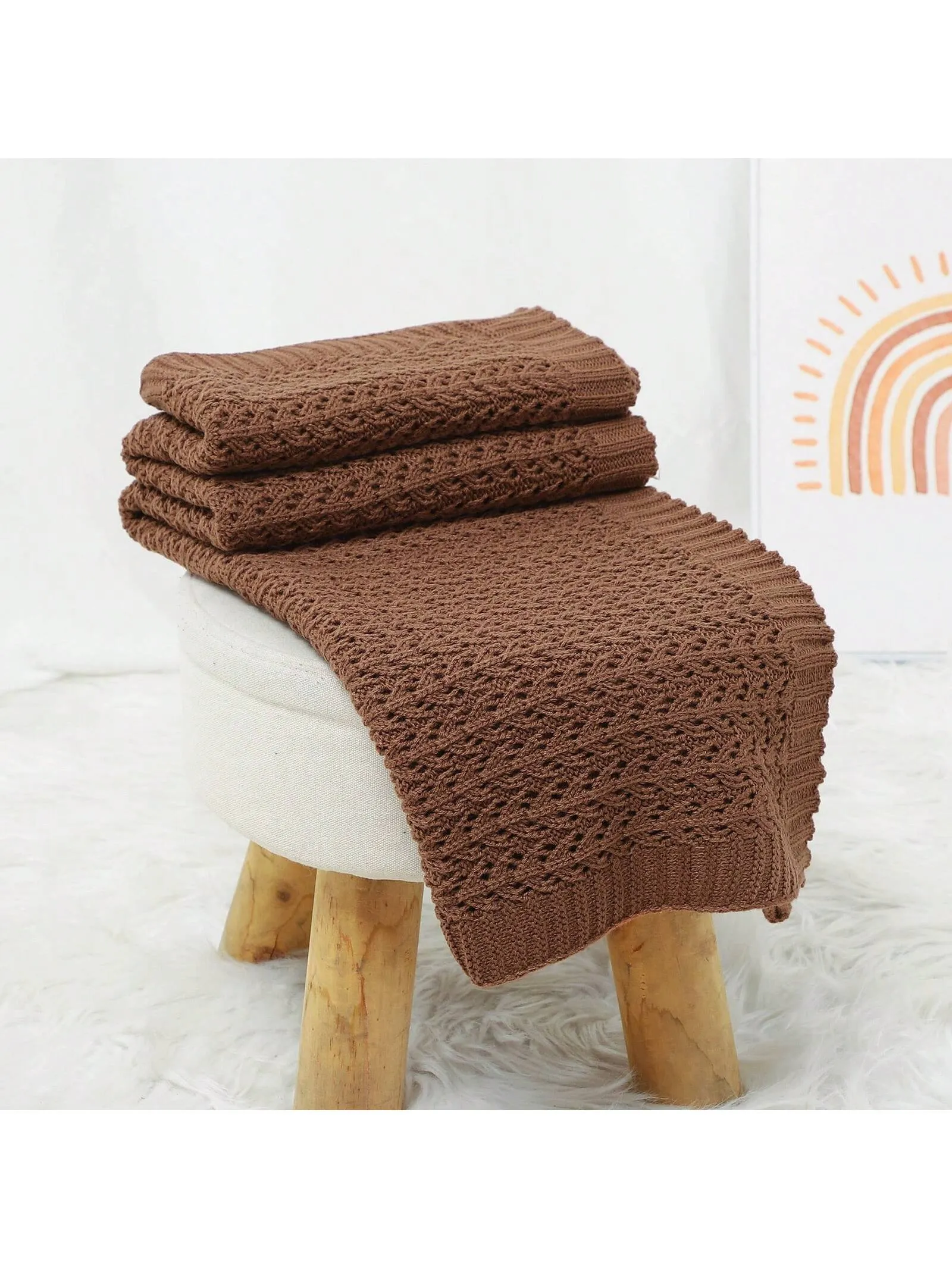 1pc Solid Color Knitted Baby Blanket, Multi-Functional Infant Stroller Blanket And Swaddling Blanket