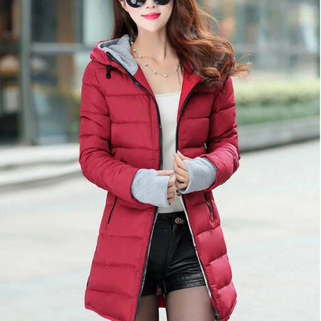 2018 women winter hooded warm coat slim plus size candy color cotton padded basic jacket female medium-long  jaqueta feminina