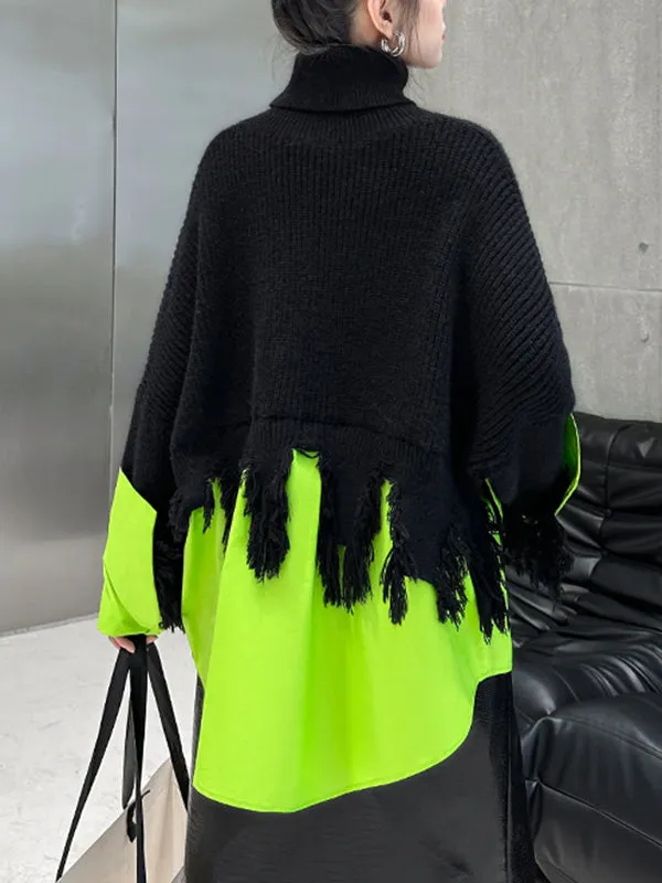 A-Line Long Sleeves Asymmetric Fringed Split-Joint High Neck Knitwear Pullovers Sweater Tops