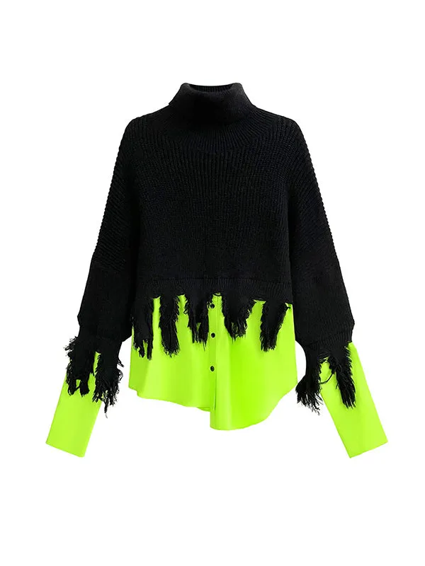 A-Line Long Sleeves Asymmetric Fringed Split-Joint High Neck Knitwear Pullovers Sweater Tops