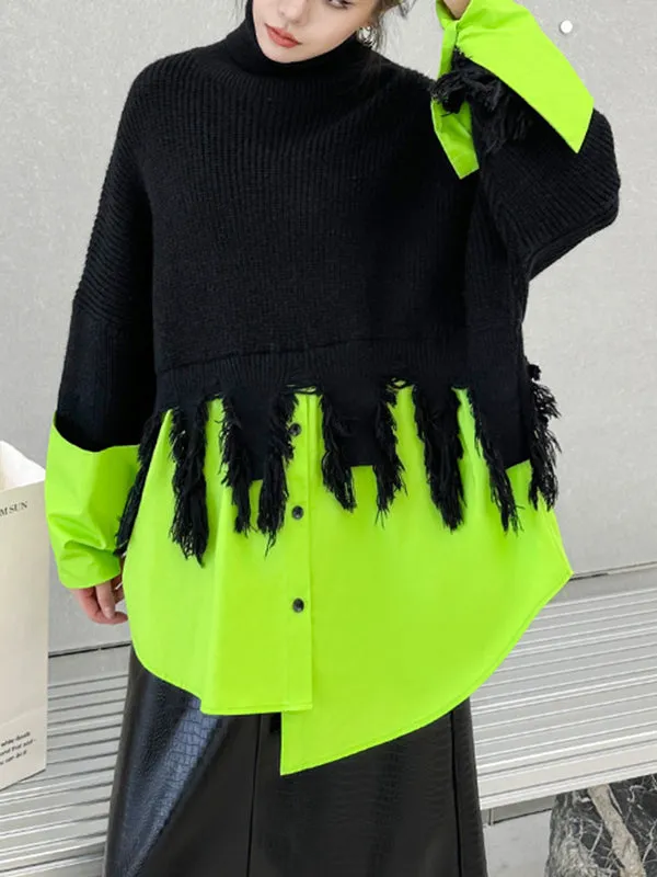 A-Line Long Sleeves Asymmetric Fringed Split-Joint High Neck Knitwear Pullovers Sweater Tops