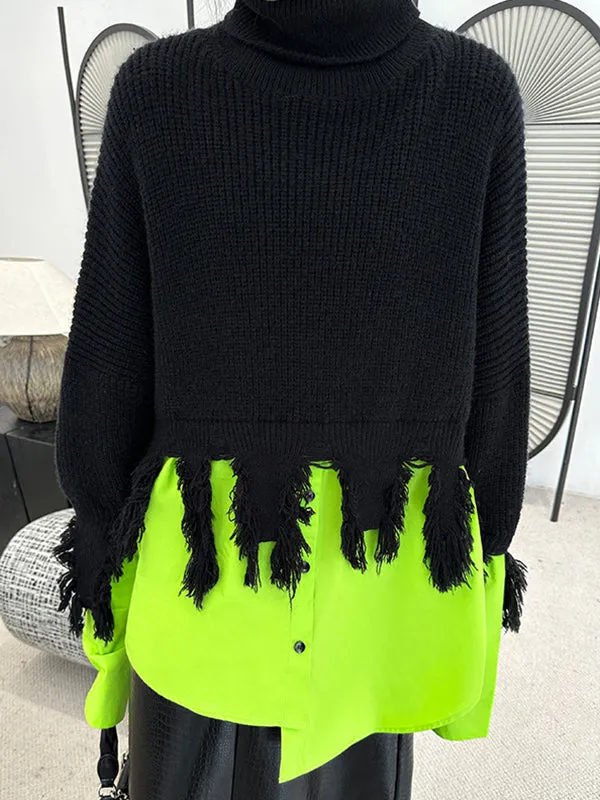 A-Line Long Sleeves Asymmetric Fringed Split-Joint High Neck Knitwear Pullovers Sweater Tops