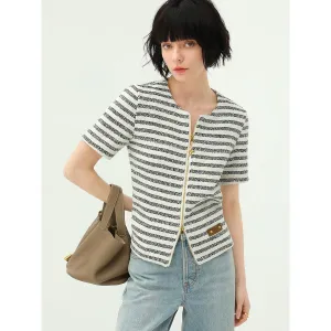 Amour Round Neck Double Zipped Striped Sweater Tee