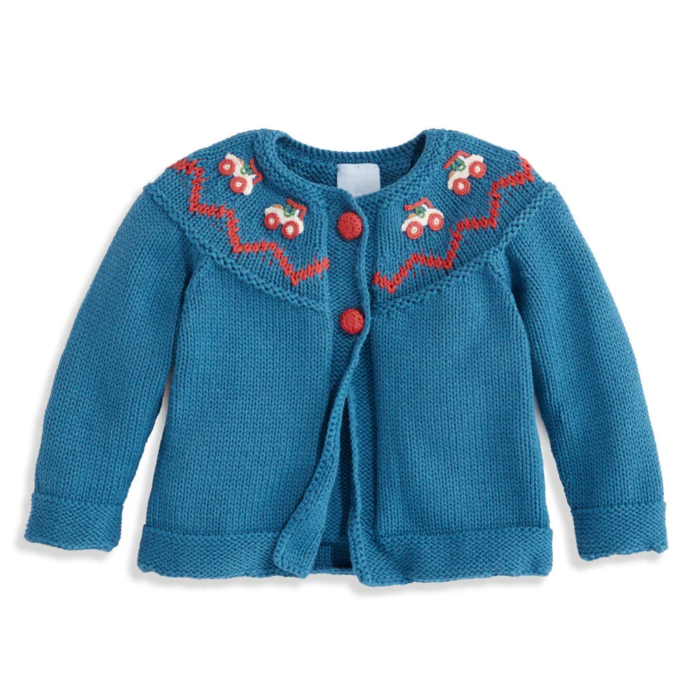 Applique Vintage Car Cardigan -- Palace Blue