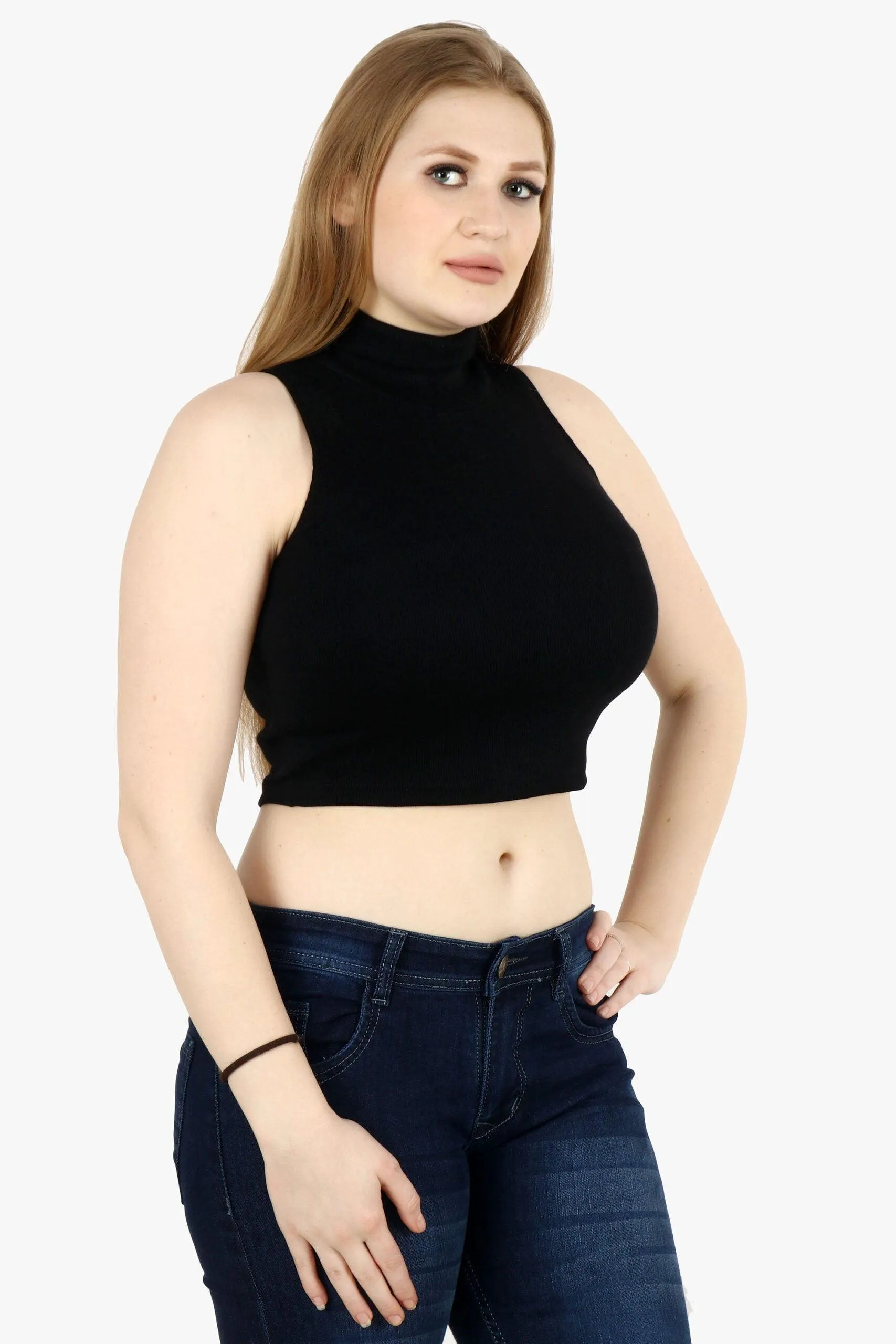 Black Solid High Neck Top