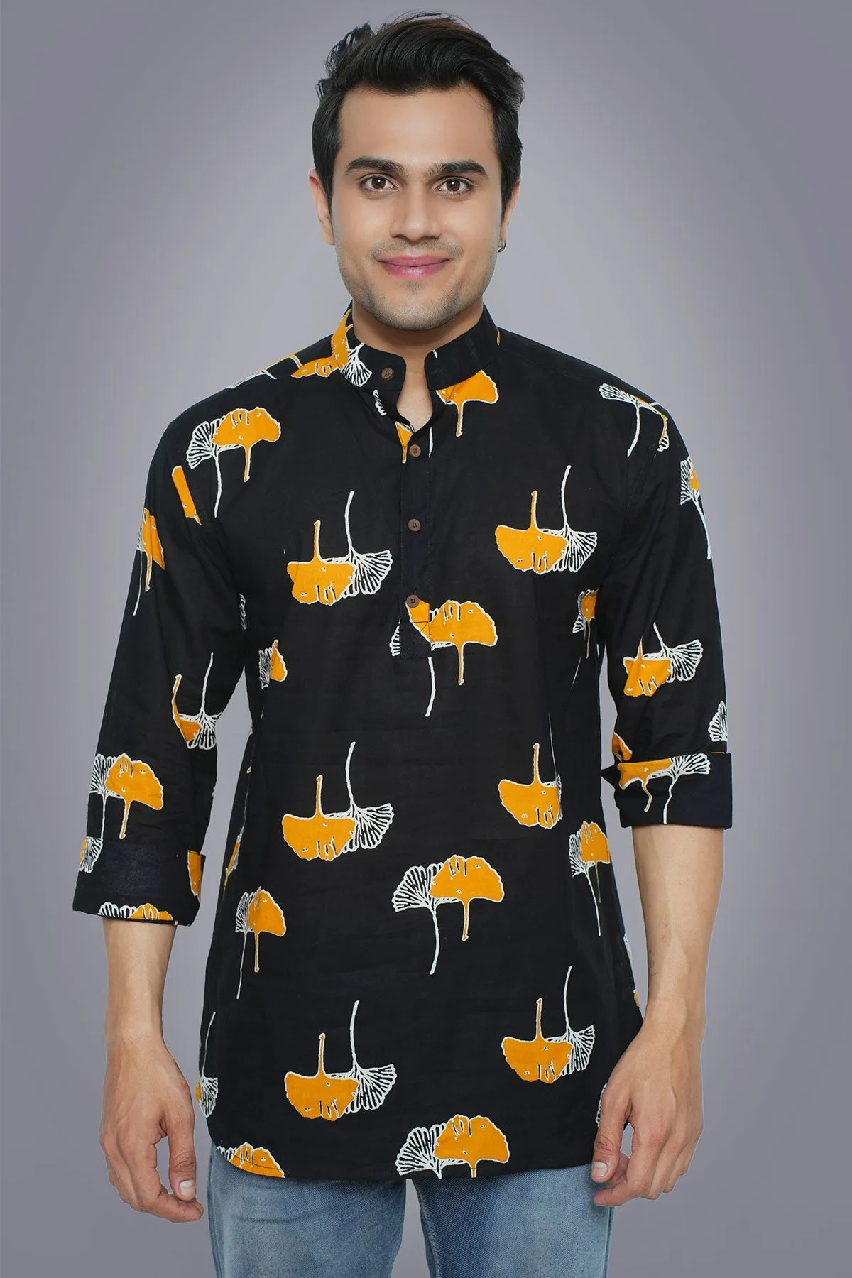 Black Yellow Leaf Print Cotton Short Kurta | Style Matters