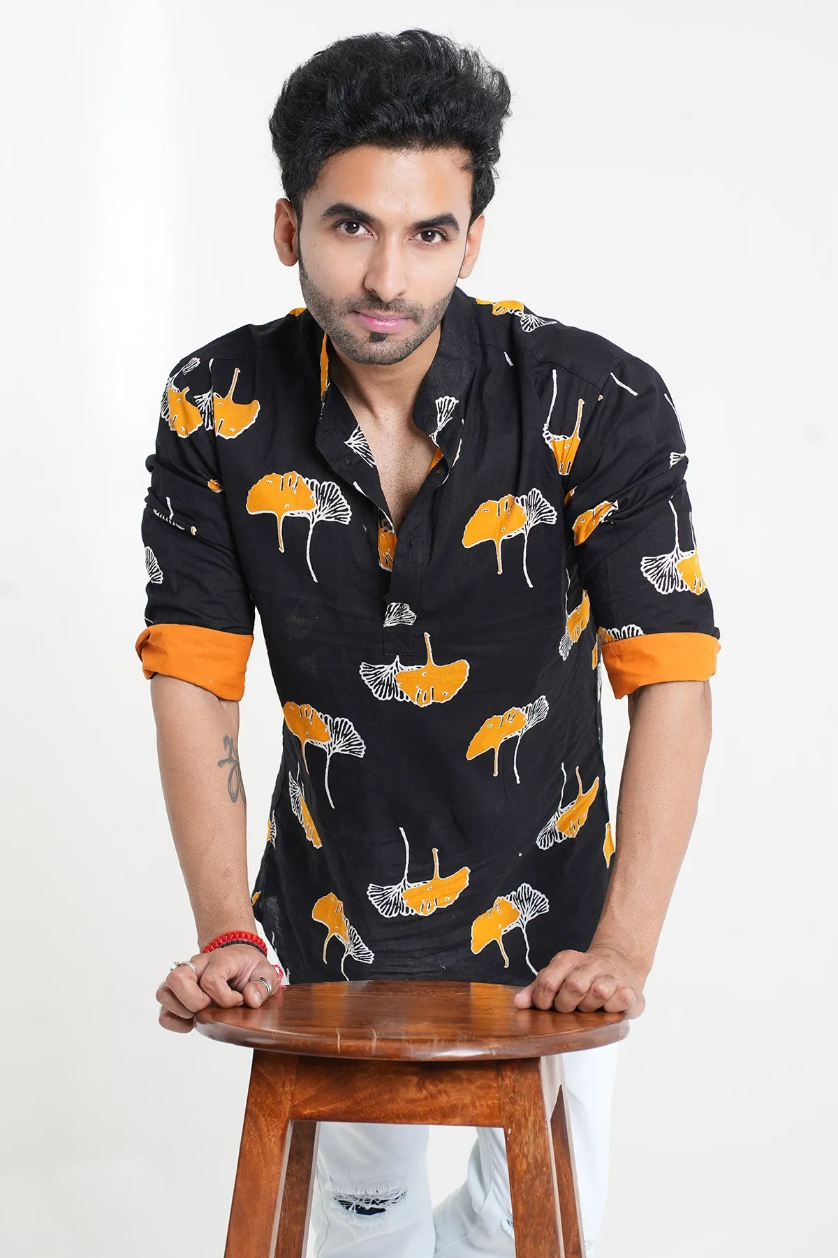 Black Yellow Leaf Print Cotton Short Kurta | Style Matters