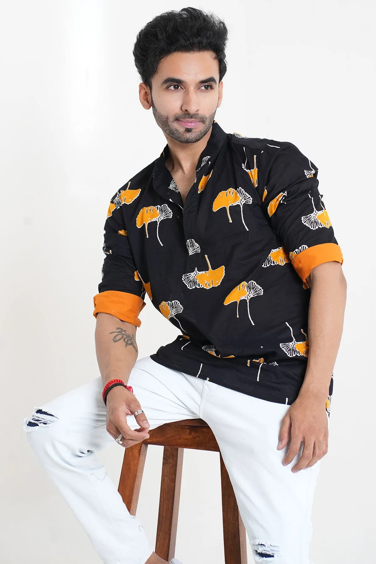 Black Yellow Leaf Print Cotton Short Kurta | Style Matters