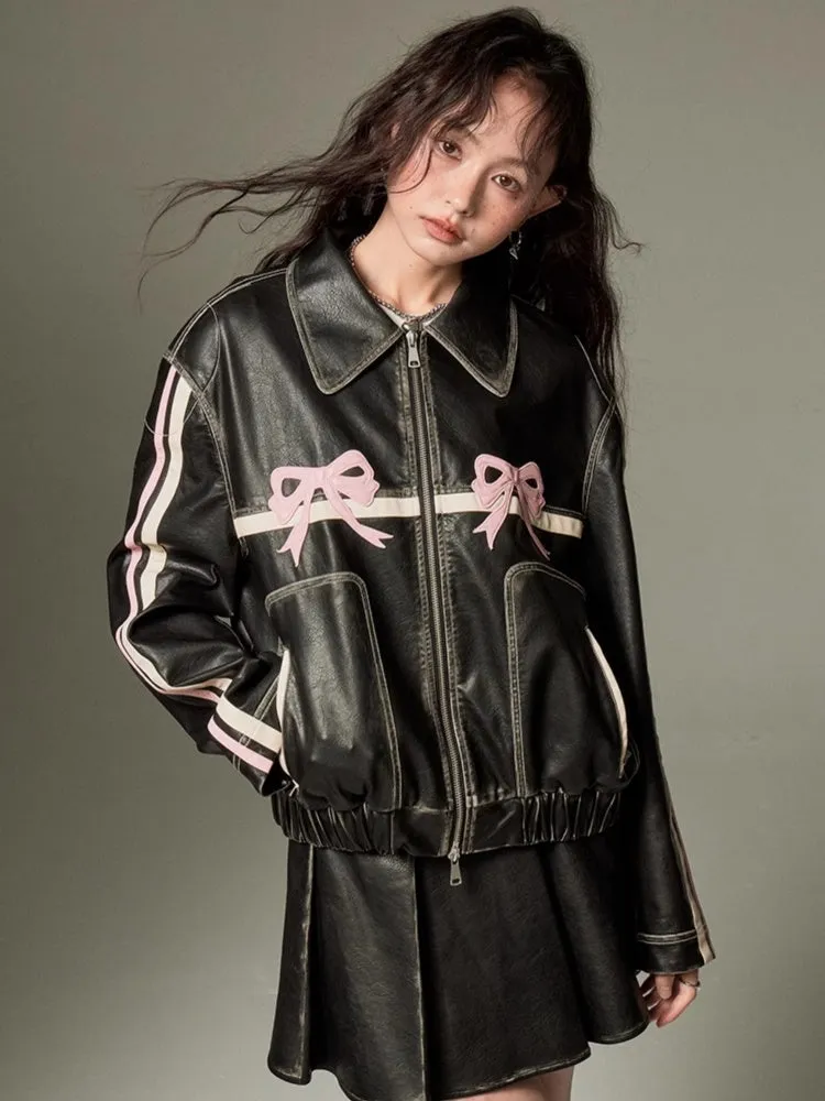 Bowknot Retro Color Painted Leather Jacket【s0000003185】