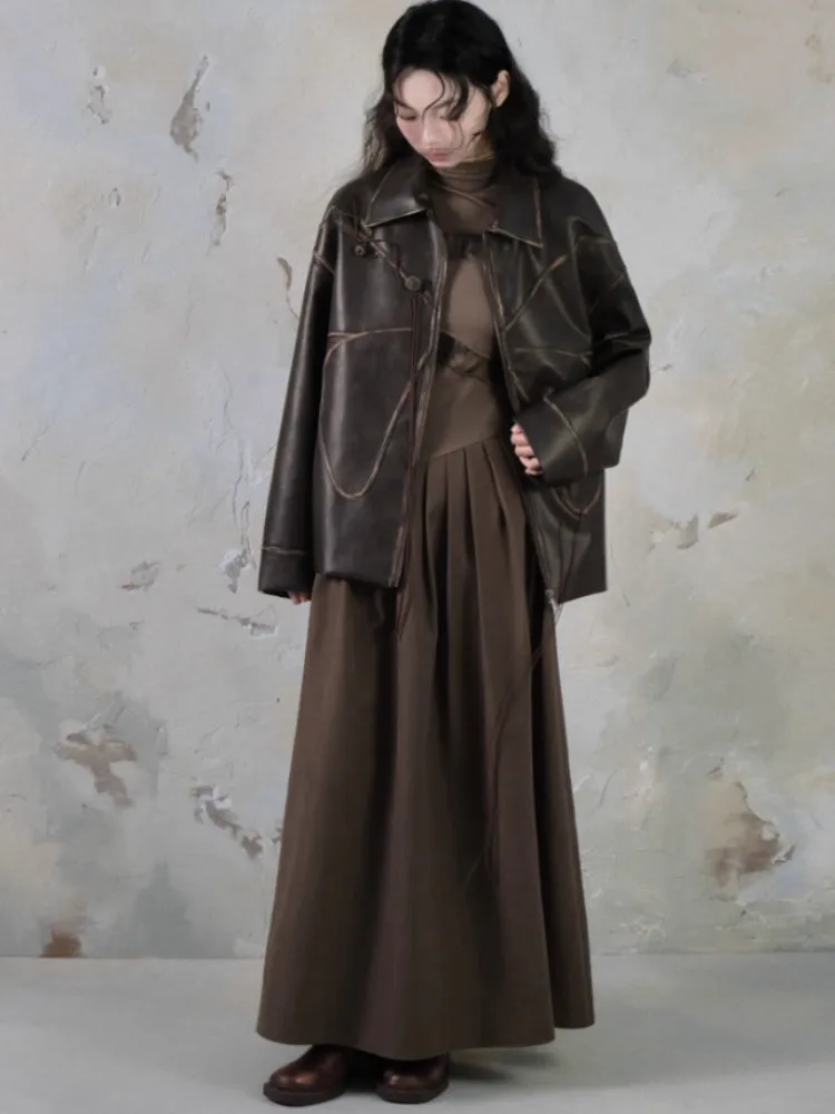 Butterfly PU Leather Loose Jacket & Slit Maxi Skirt【s0000004388】