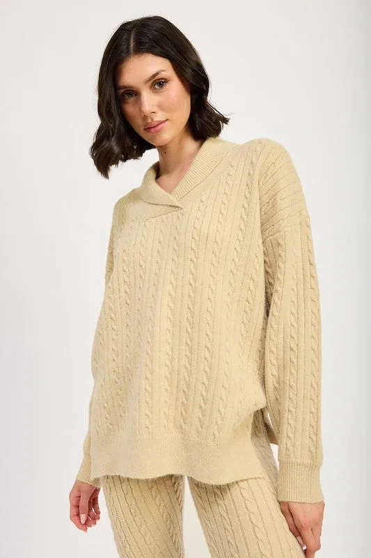 CABLE KNIT COLLARED SWEATER TOP