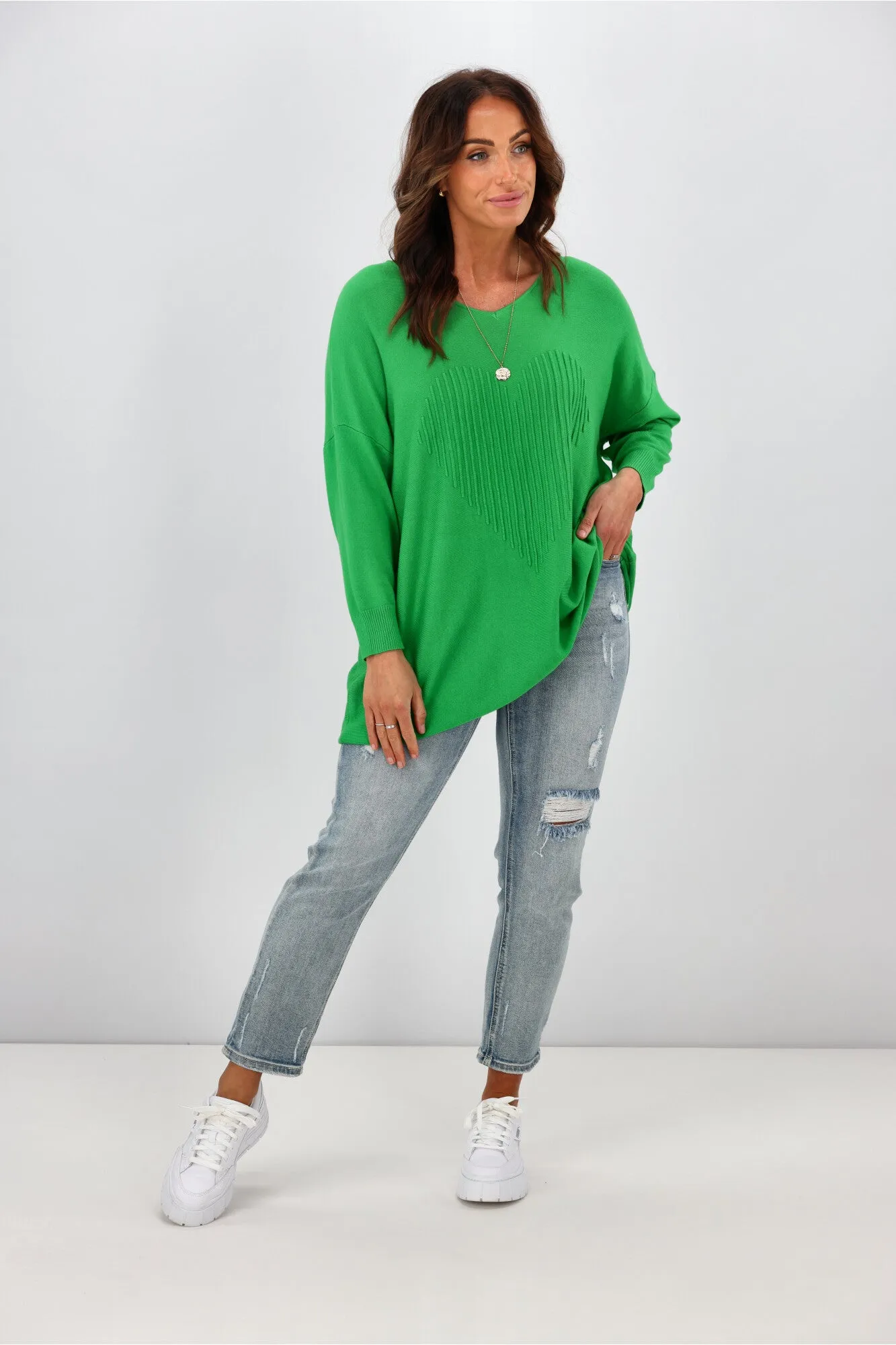 Cali & Co V Neck Heart Pattern Knit Top Apple Green