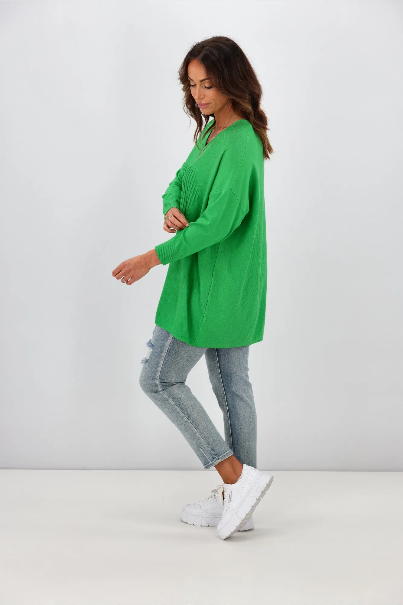 Cali & Co V Neck Heart Pattern Knit Top Apple Green