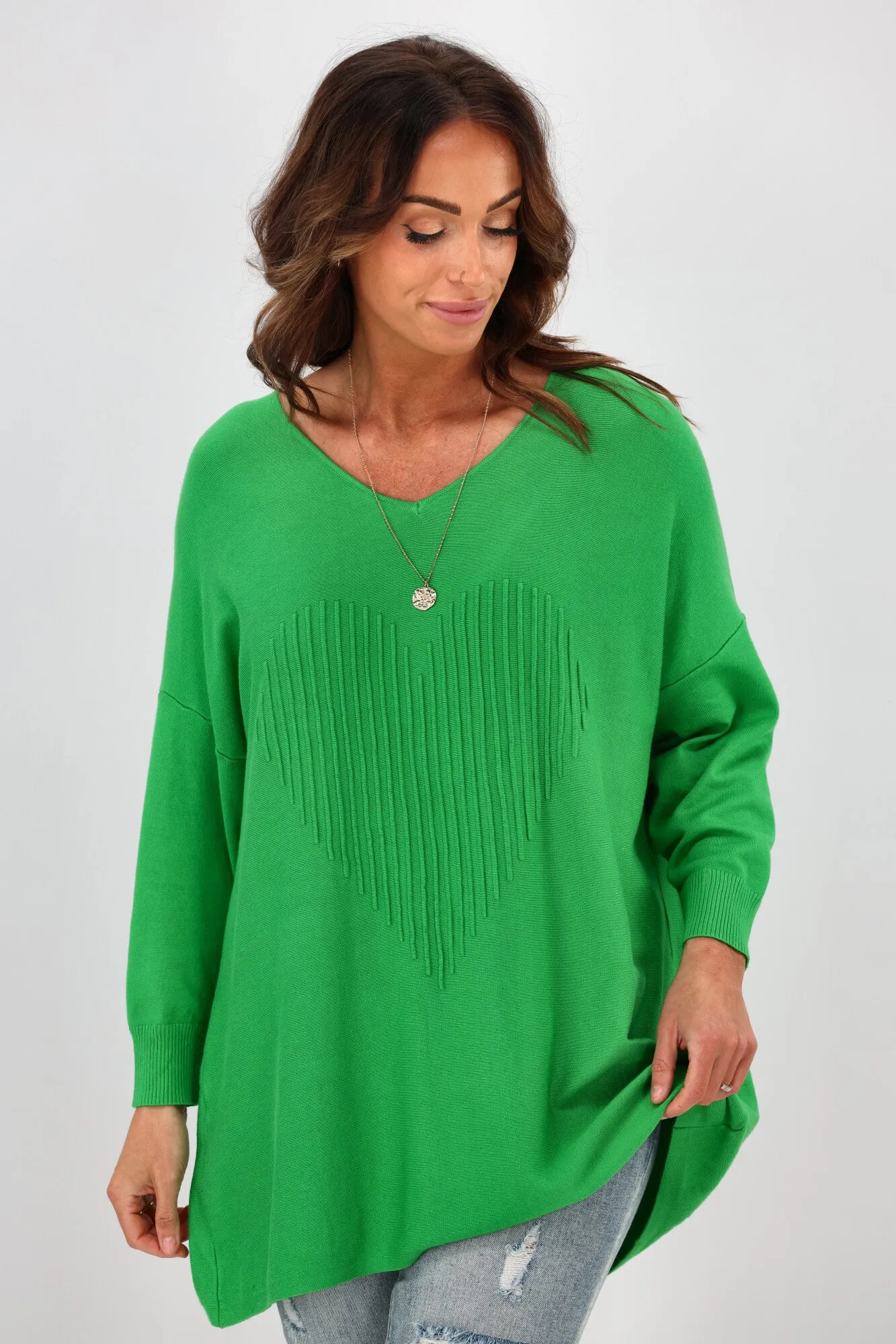 Cali & Co V Neck Heart Pattern Knit Top Apple Green