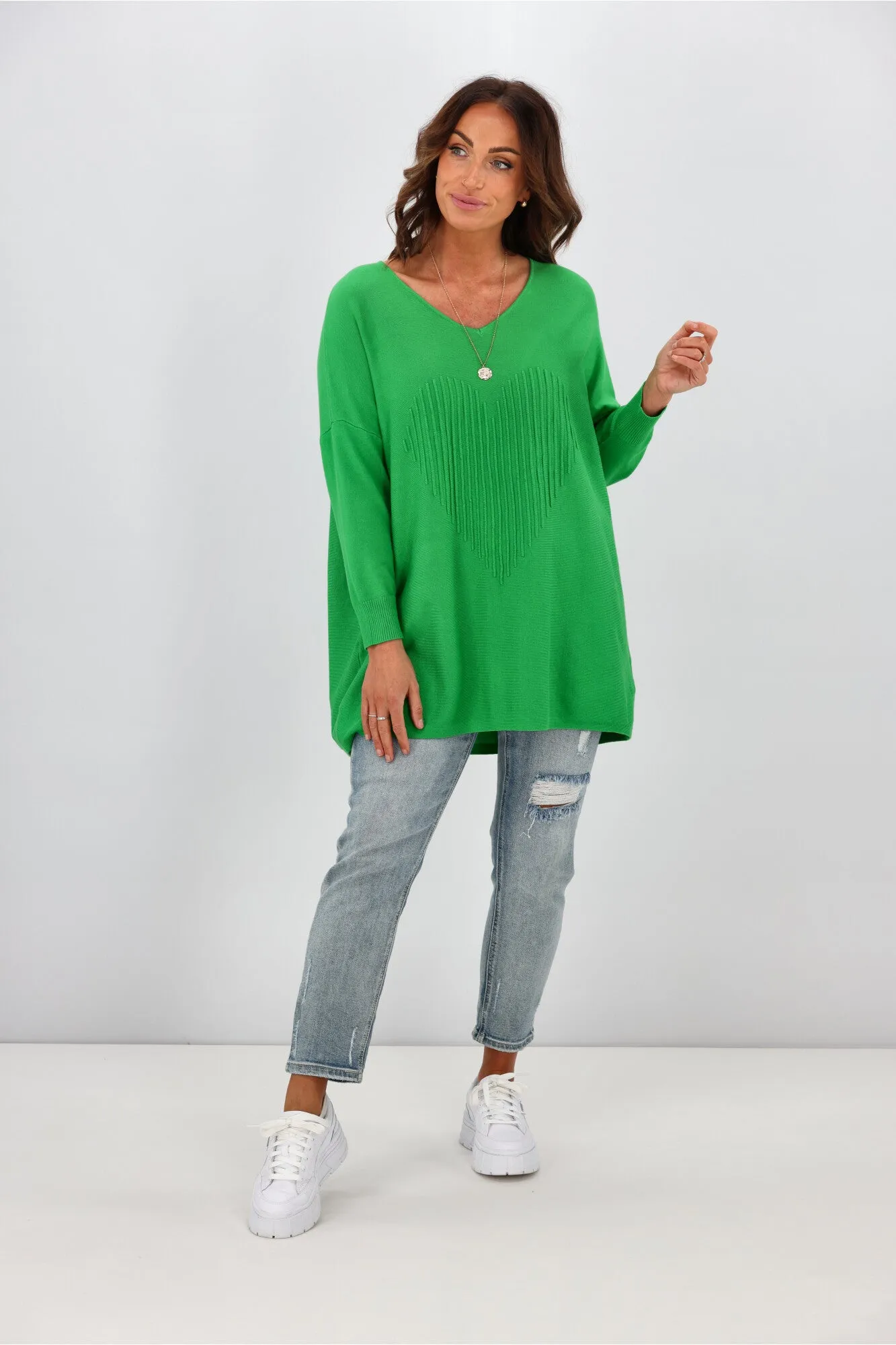 Cali & Co V Neck Heart Pattern Knit Top Apple Green