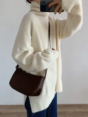 Casual Long Sleeves Loose Solid Color High-Neck Sweater Tops