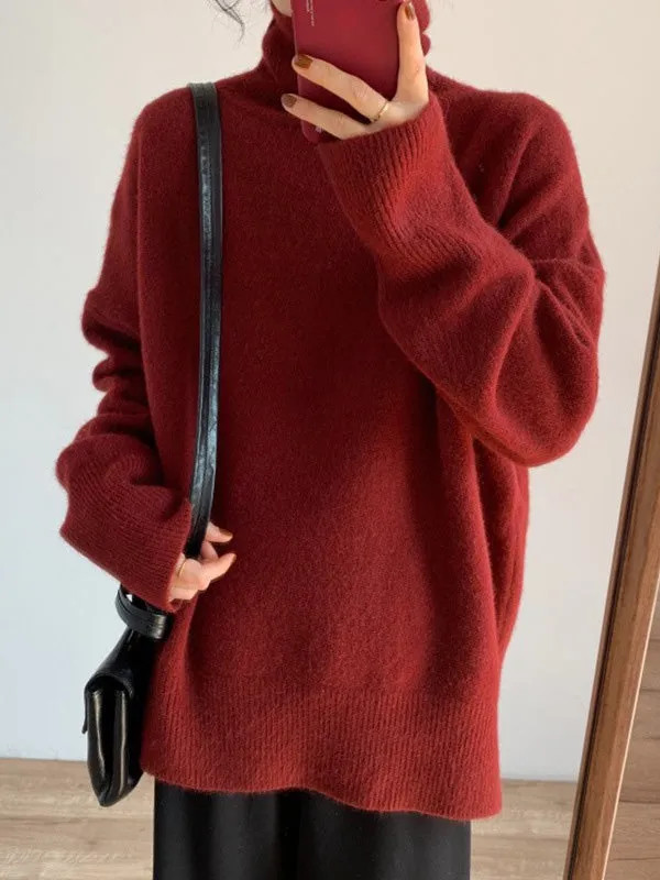 Casual Long Sleeves Loose Solid Color High-Neck Sweater Tops