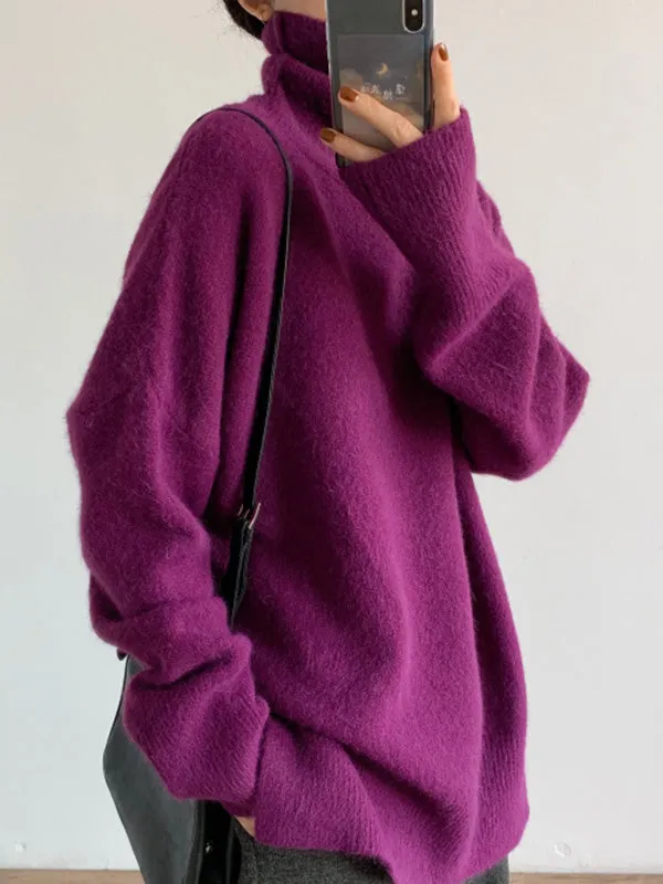 Casual Long Sleeves Loose Solid Color High-Neck Sweater Tops