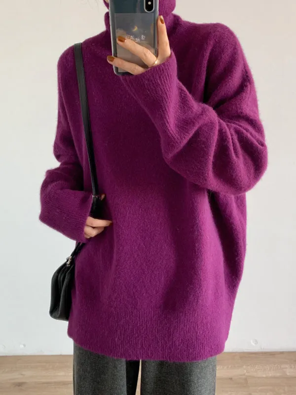 Casual Long Sleeves Loose Solid Color High-Neck Sweater Tops