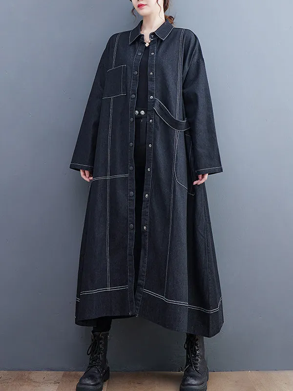 Casual Loose Long Sleeves Buttoned Lapel Collar Denim Trench Coats