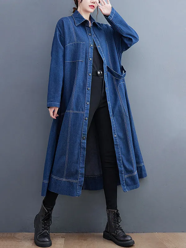 Casual Loose Long Sleeves Buttoned Lapel Collar Denim Trench Coats