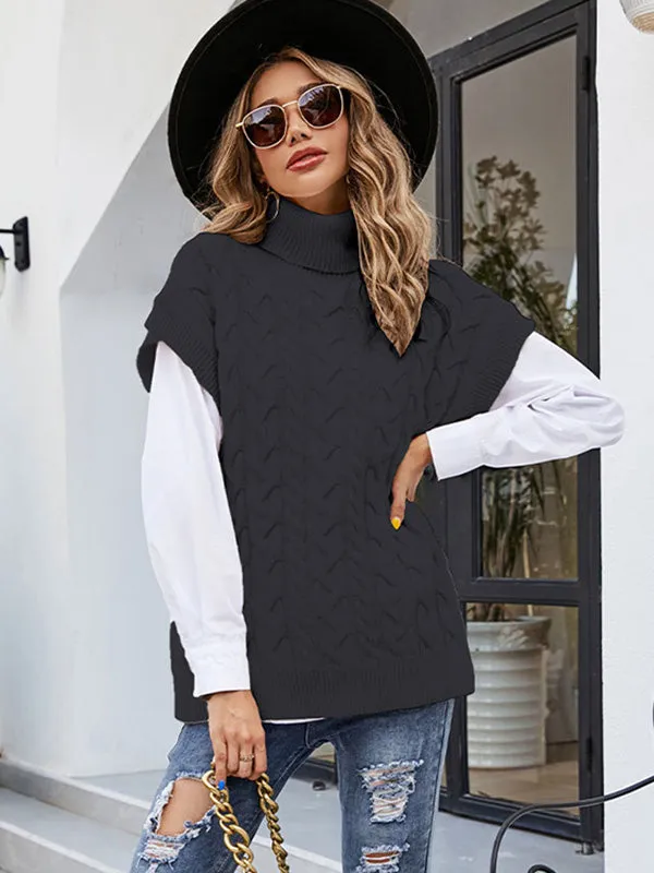 Casual Loose Short Sleeves Jacquard Solid Color High-Neck Sweater Tops Vest Outerwear