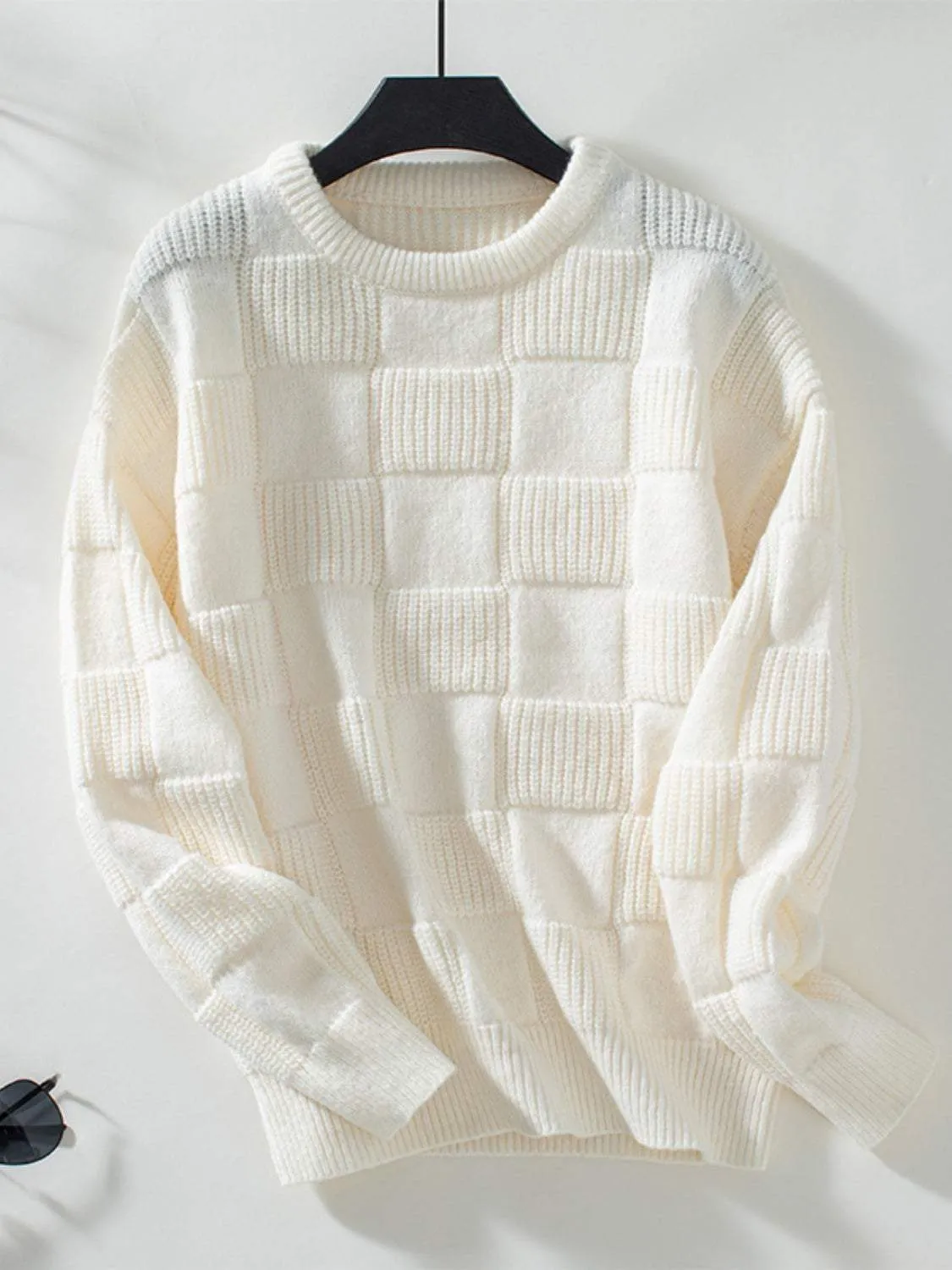 Checkered Round Neck Long Sleeve Sweater