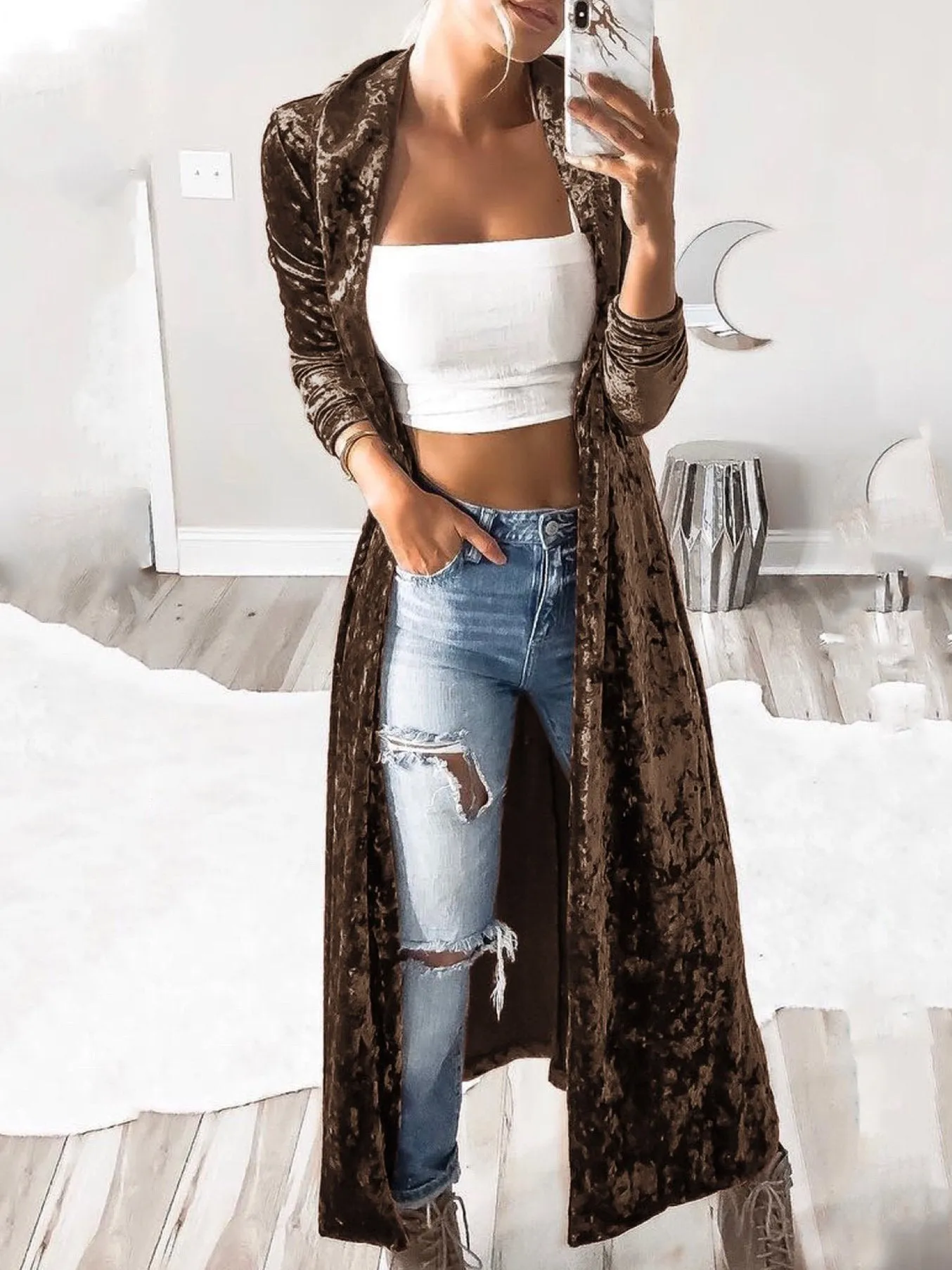 Coats Long Sleeve Velvet Long Cardigan Coat for Women