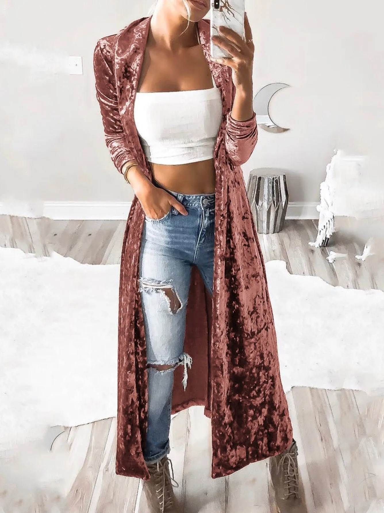 Coats Long Sleeve Velvet Long Cardigan Coat for Women