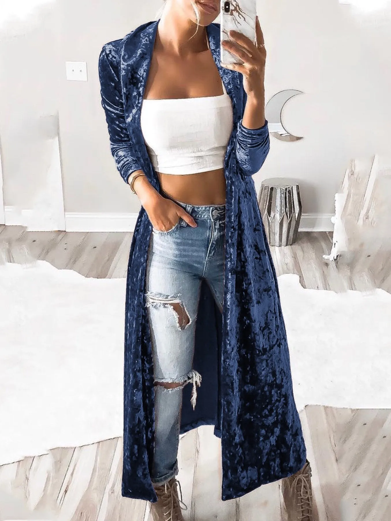 Coats Long Sleeve Velvet Long Cardigan Coat for Women