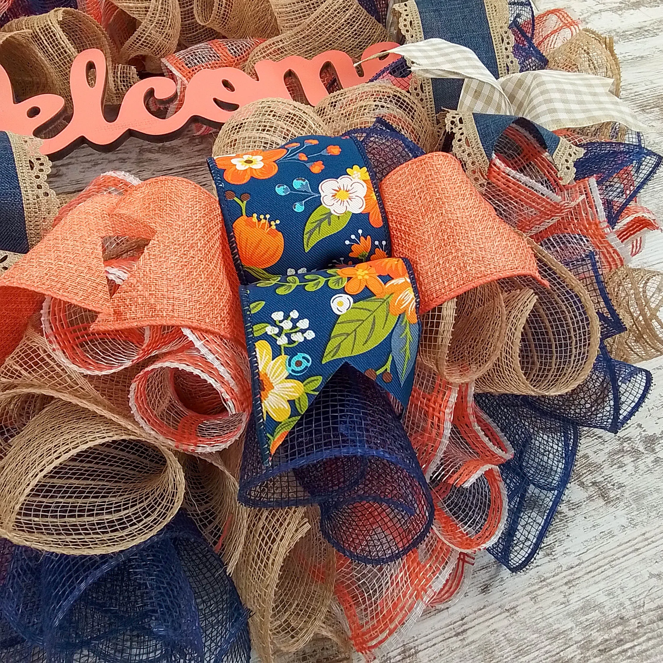 Decorative Welcome Wreath, Home Décor Gift, Peach and Navy Blue Wreath