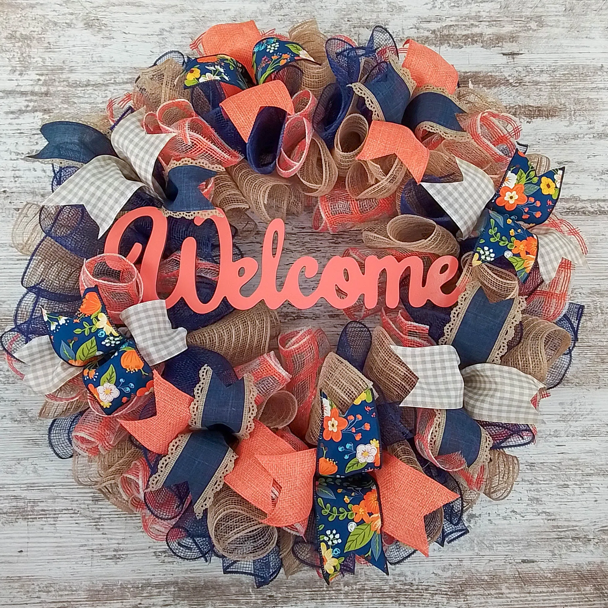 Decorative Welcome Wreath, Home Décor Gift, Peach and Navy Blue Wreath