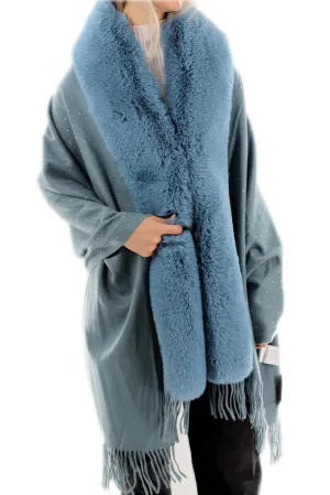 Embellished Blue Cashmere Wrap with Fringe - 100% Cashmere