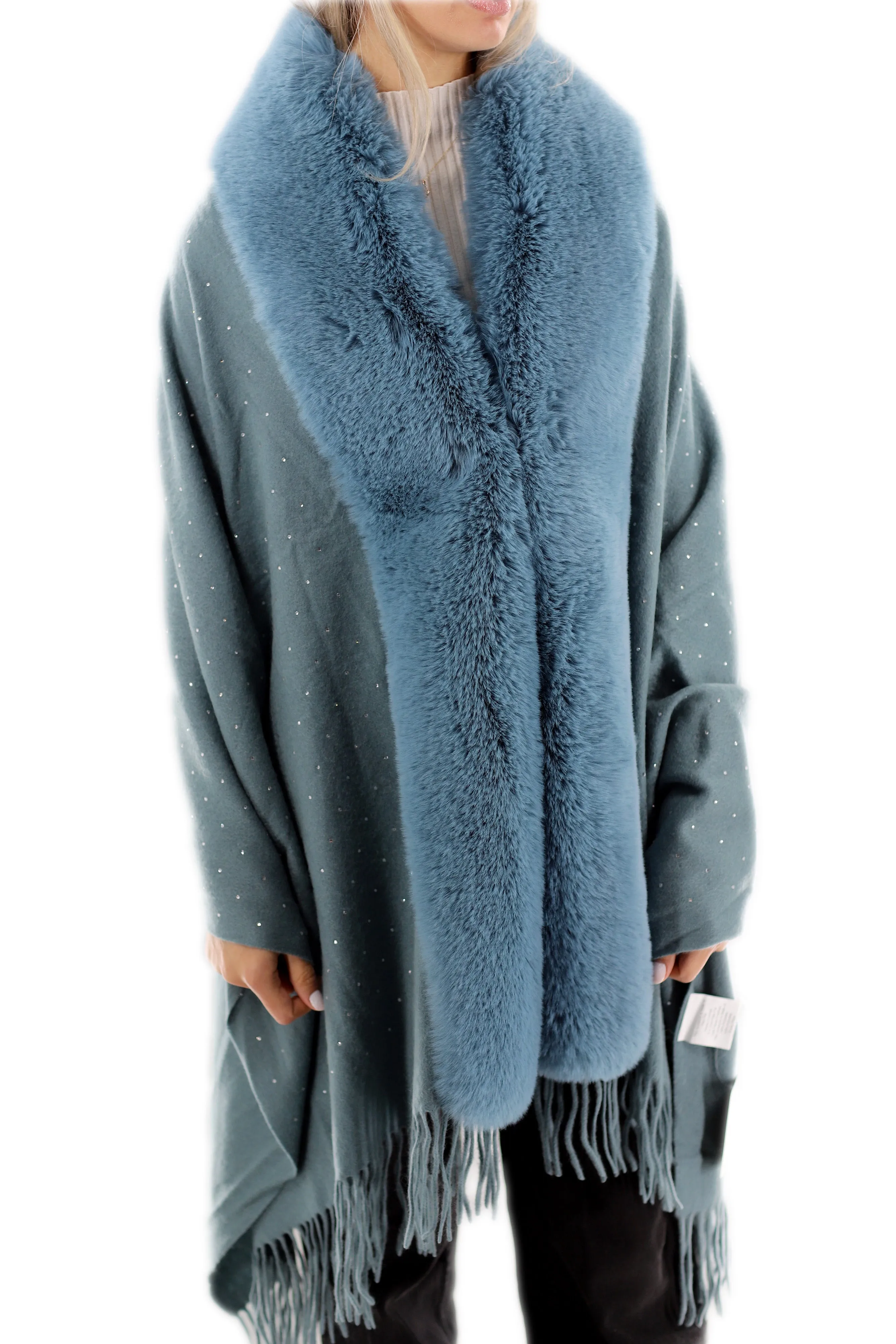 Embellished Blue Cashmere Wrap with Fringe - 100% Cashmere