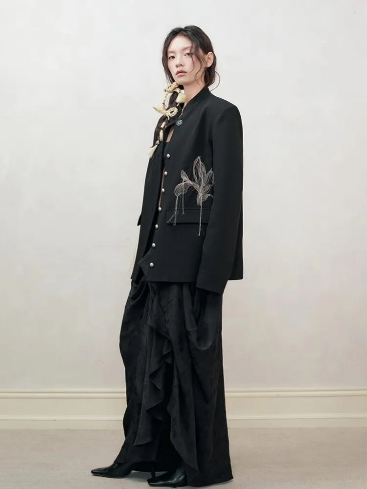 Fine Silk Thread Embroidery Black Suit Jacket【s0000008176】