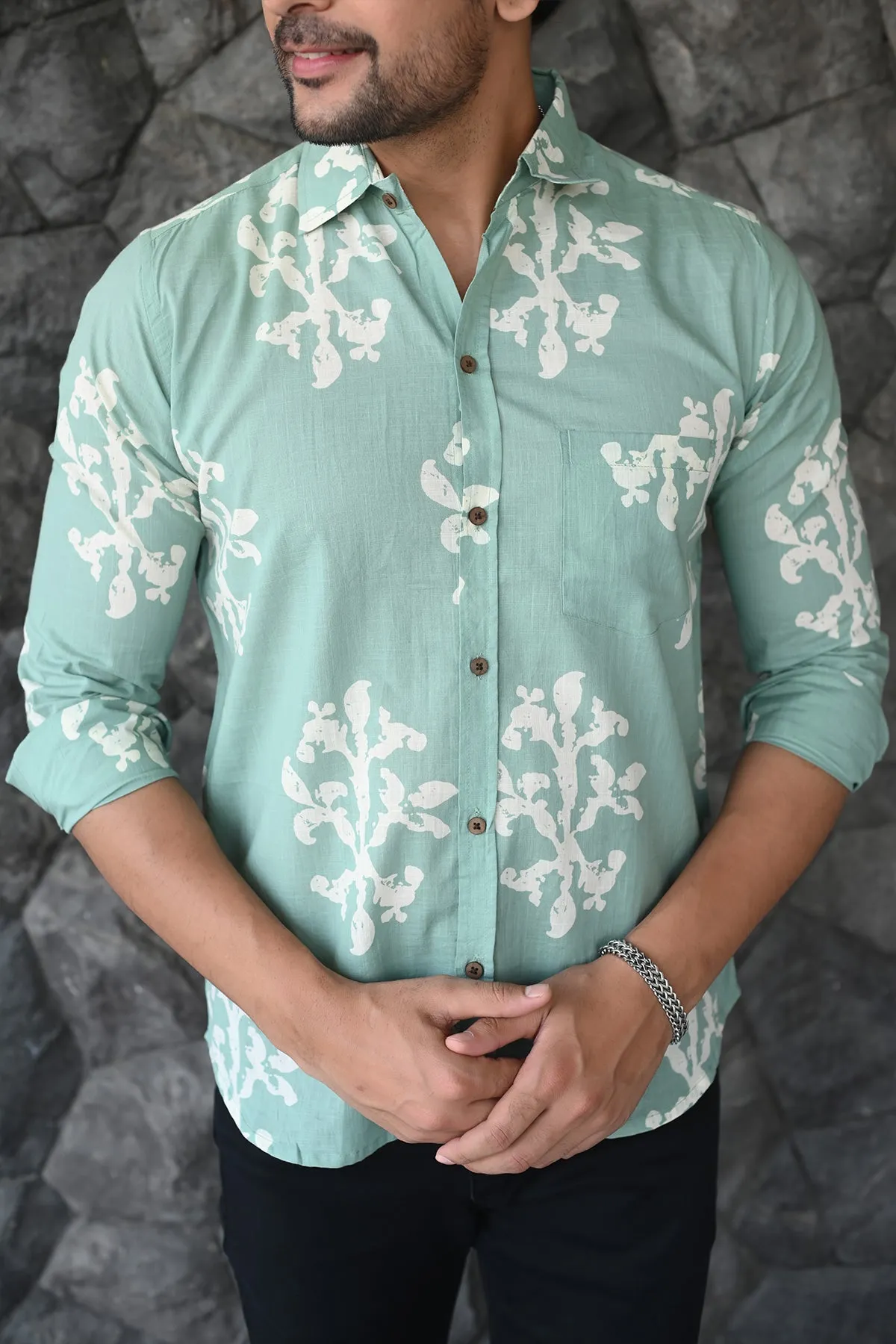 Green Shirt with White Motif Print, Full Sleeves | Style Matters