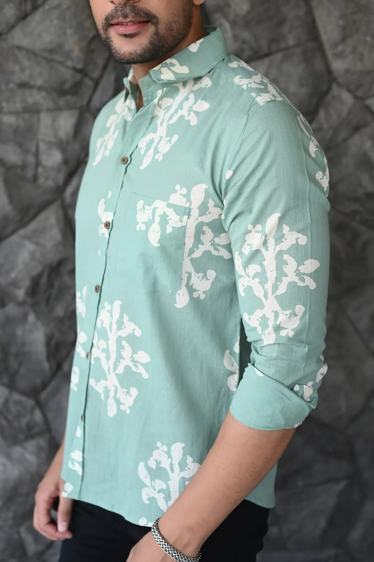 Green Shirt with White Motif Print, Full Sleeves | Style Matters