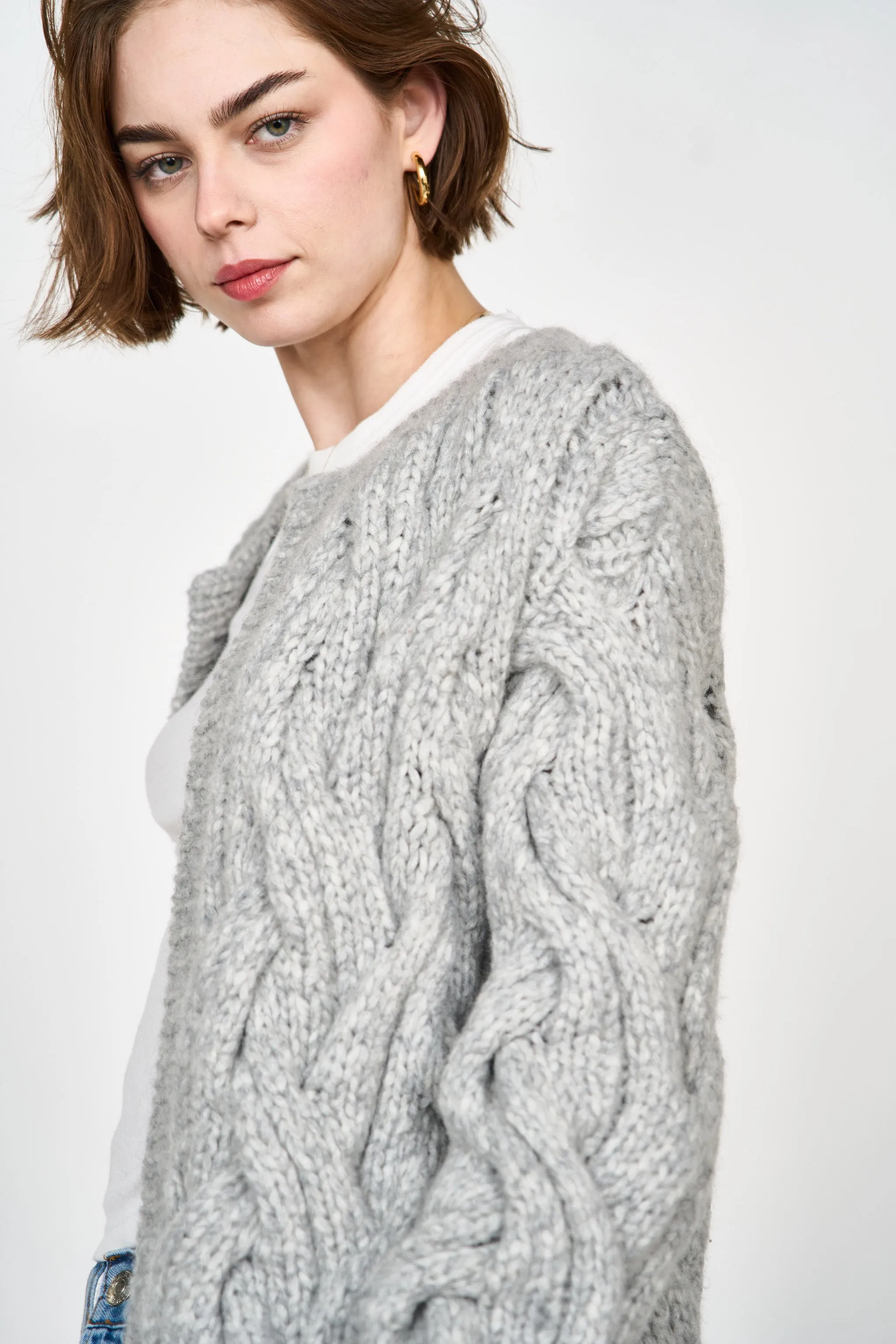 Handknit Cortina Cable Cardigan in Dove Grey