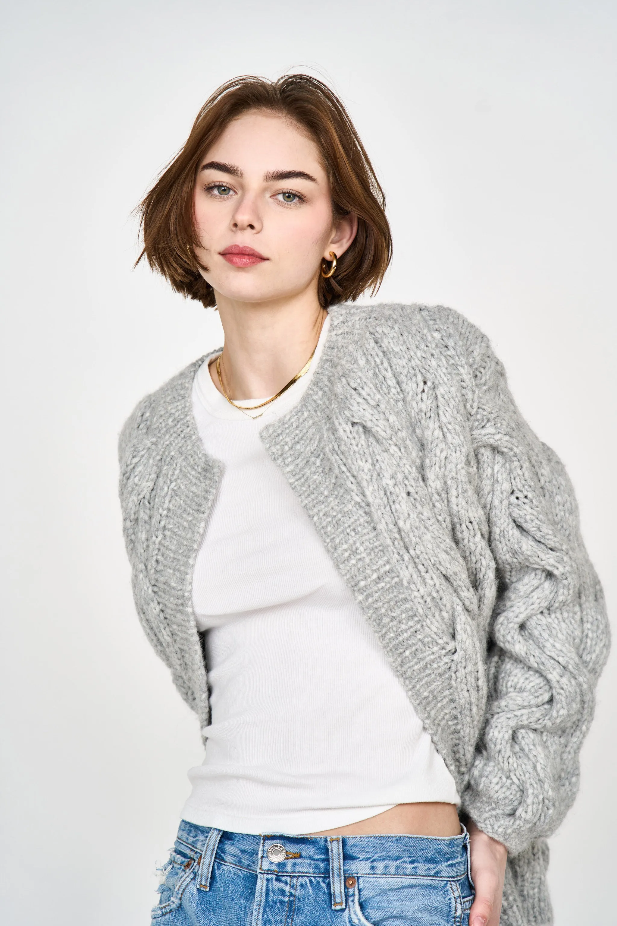 Handknit Cortina Cable Cardigan in Dove Grey