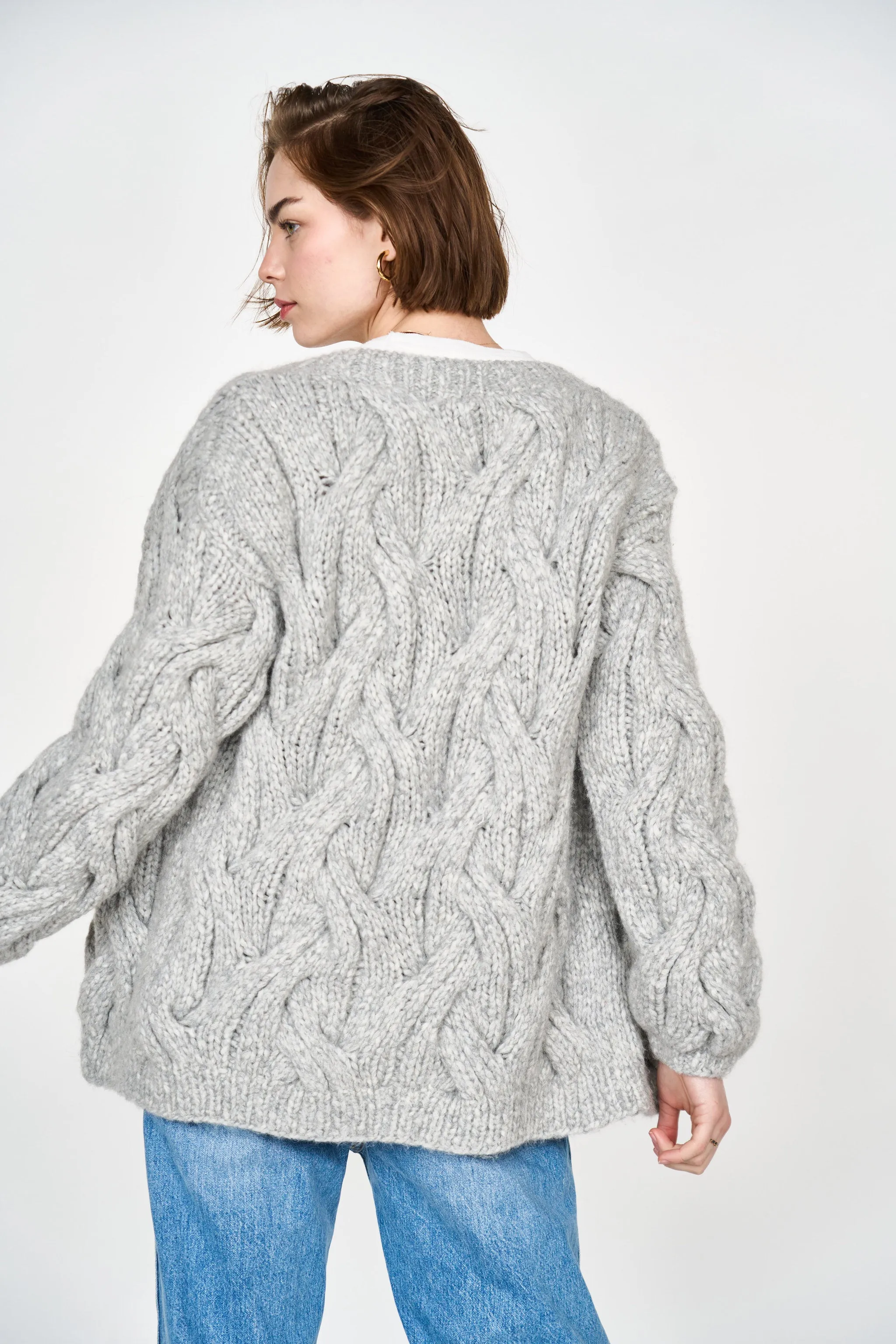 Handknit Cortina Cable Cardigan in Dove Grey