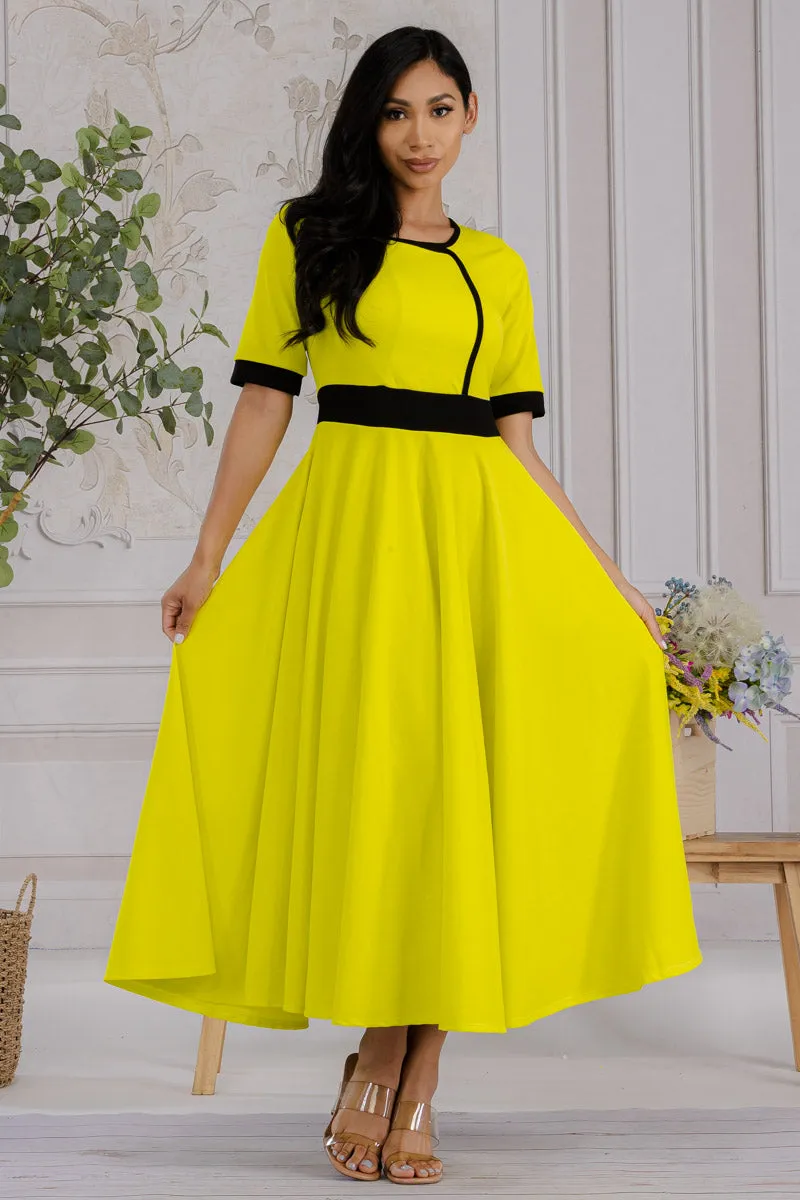 HH730R-SOLID - CONTRAST TRIM FLOWY DRESS