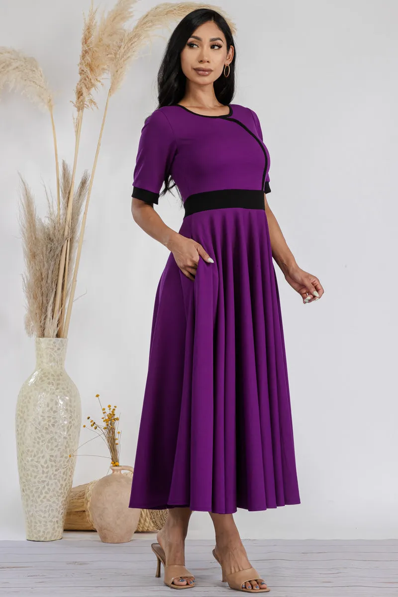 HH730R-SOLID - CONTRAST TRIM FLOWY DRESS