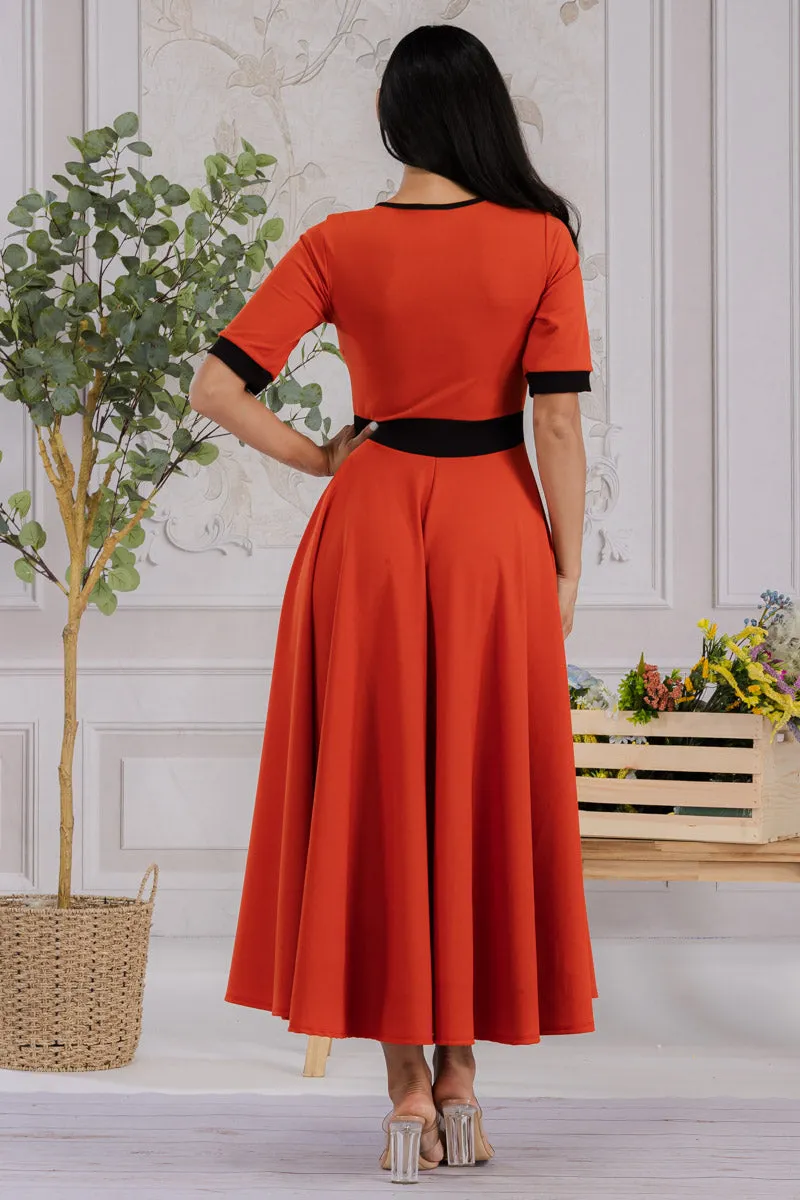 HH730R-SOLID - CONTRAST TRIM FLOWY DRESS