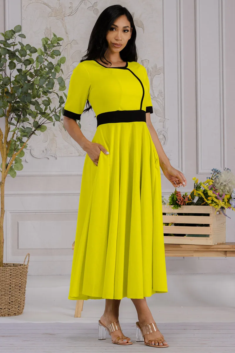 HH730R-SOLID - CONTRAST TRIM FLOWY DRESS