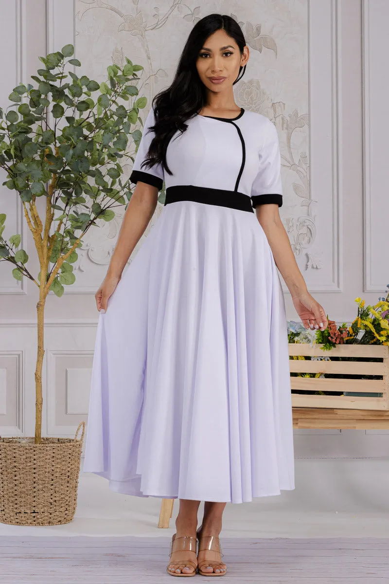 HH730R-SOLID - CONTRAST TRIM FLOWY DRESS