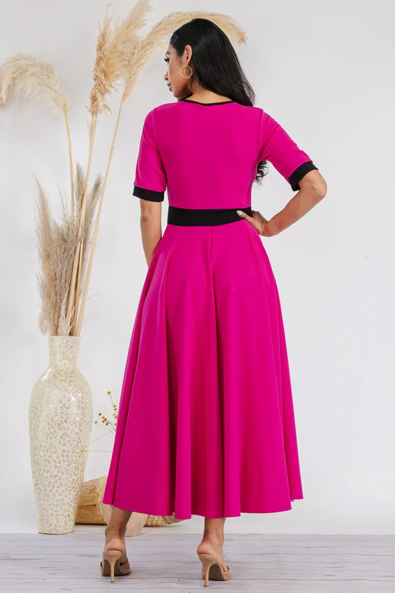 HH730R-SOLID - CONTRAST TRIM FLOWY DRESS