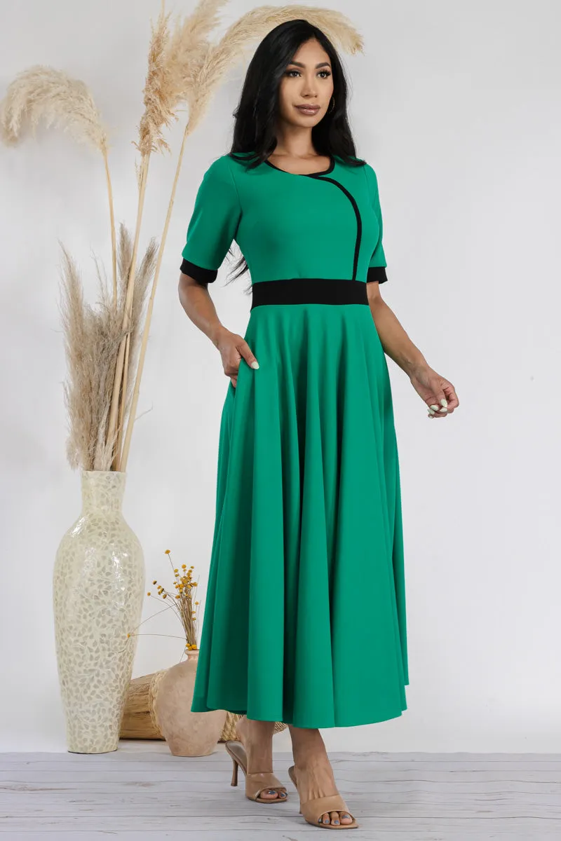 HH730R-SOLID - CONTRAST TRIM FLOWY DRESS