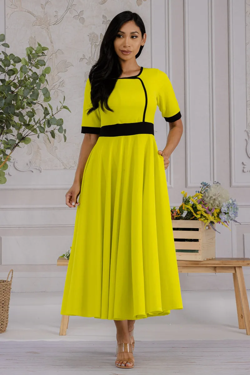 HH730R-SOLID - CONTRAST TRIM FLOWY DRESS