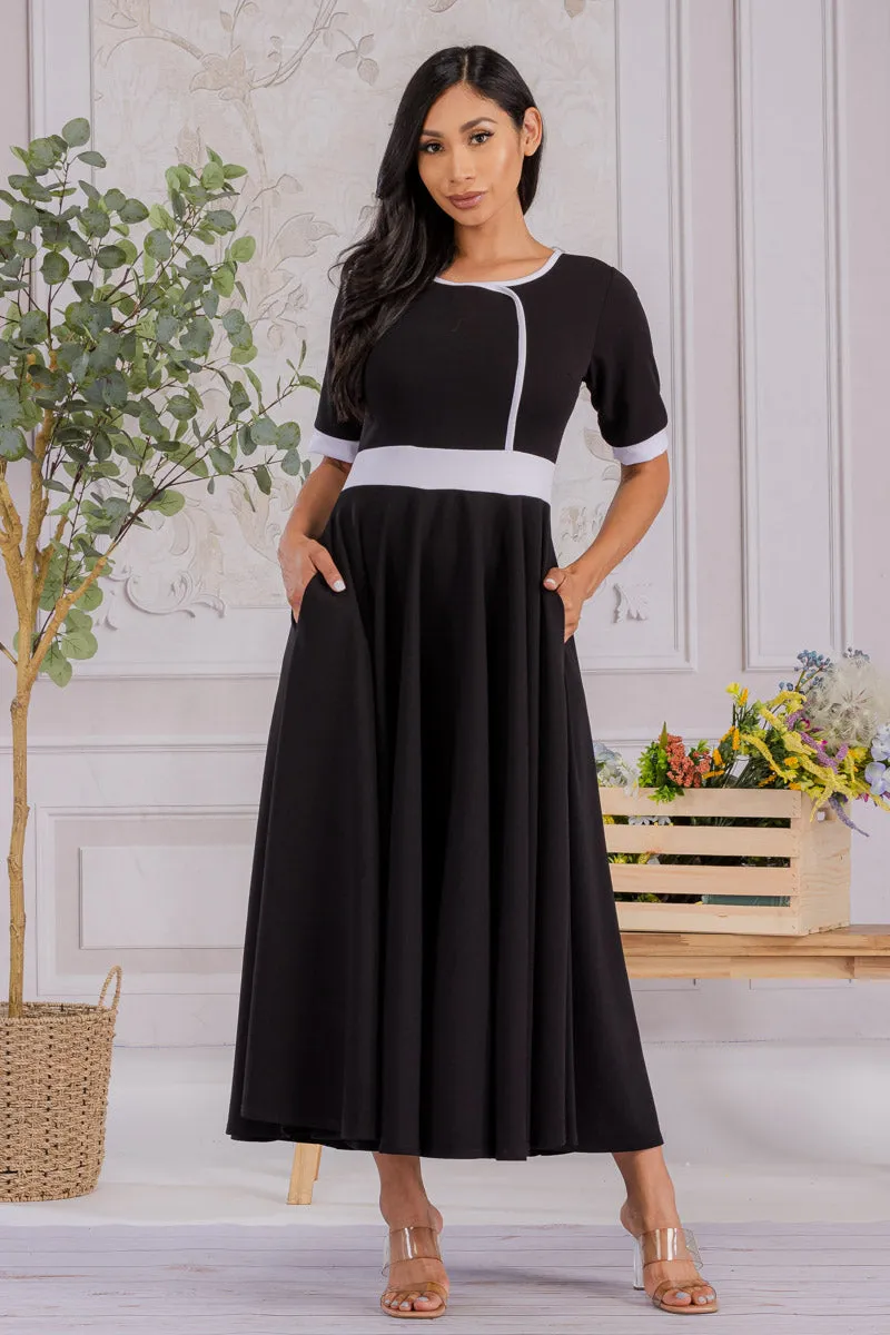 HH730R-SOLID - CONTRAST TRIM FLOWY DRESS