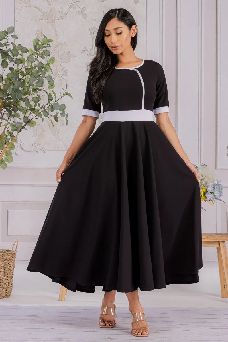 HH730R-SOLID - CONTRAST TRIM FLOWY DRESS